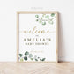 Baby Shower Welcome Sign Personalized . PRINTABLE Poster Decor Greenery and Gold . Digital Download G2