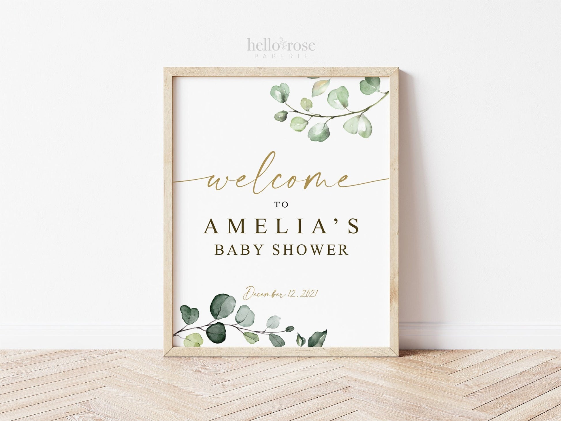 Baby Shower Welcome Sign Personalized . PRINTABLE Poster Decor Greenery and Gold . Digital Download G2