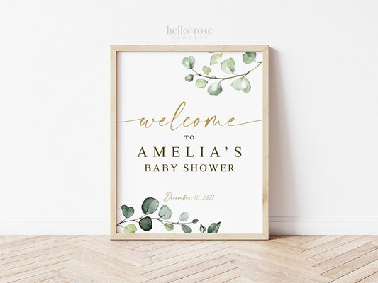 Baby Shower Welcome Sign Personalized . PRINTABLE Poster Decor Greenery and Gold . Digital Download G2