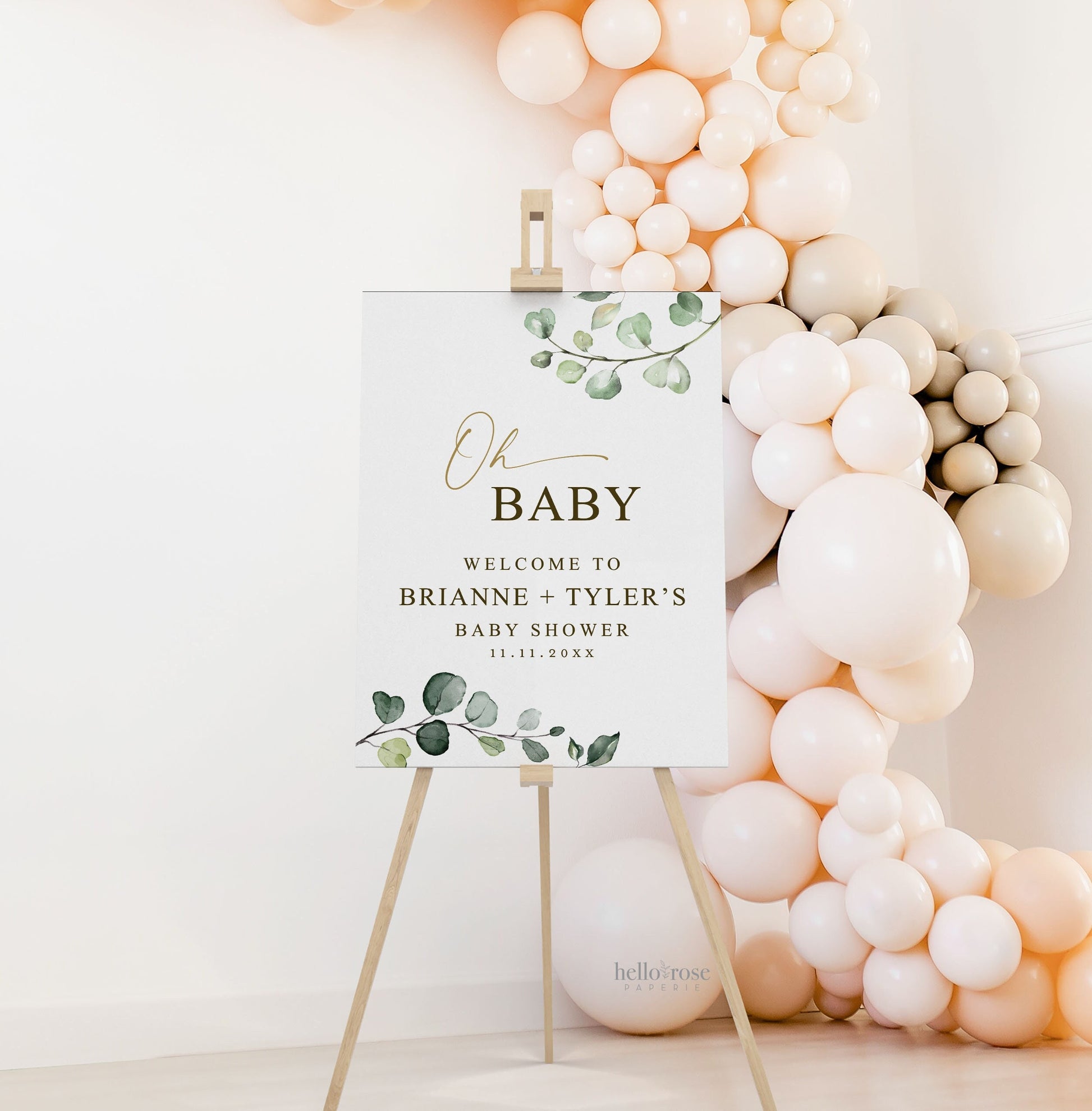 Oh Baby Welcome Personalized PRINTABLE Sign . Baby Shower Poster . Greenery and Gold . Baby Shower Decor . Digital Download G2
