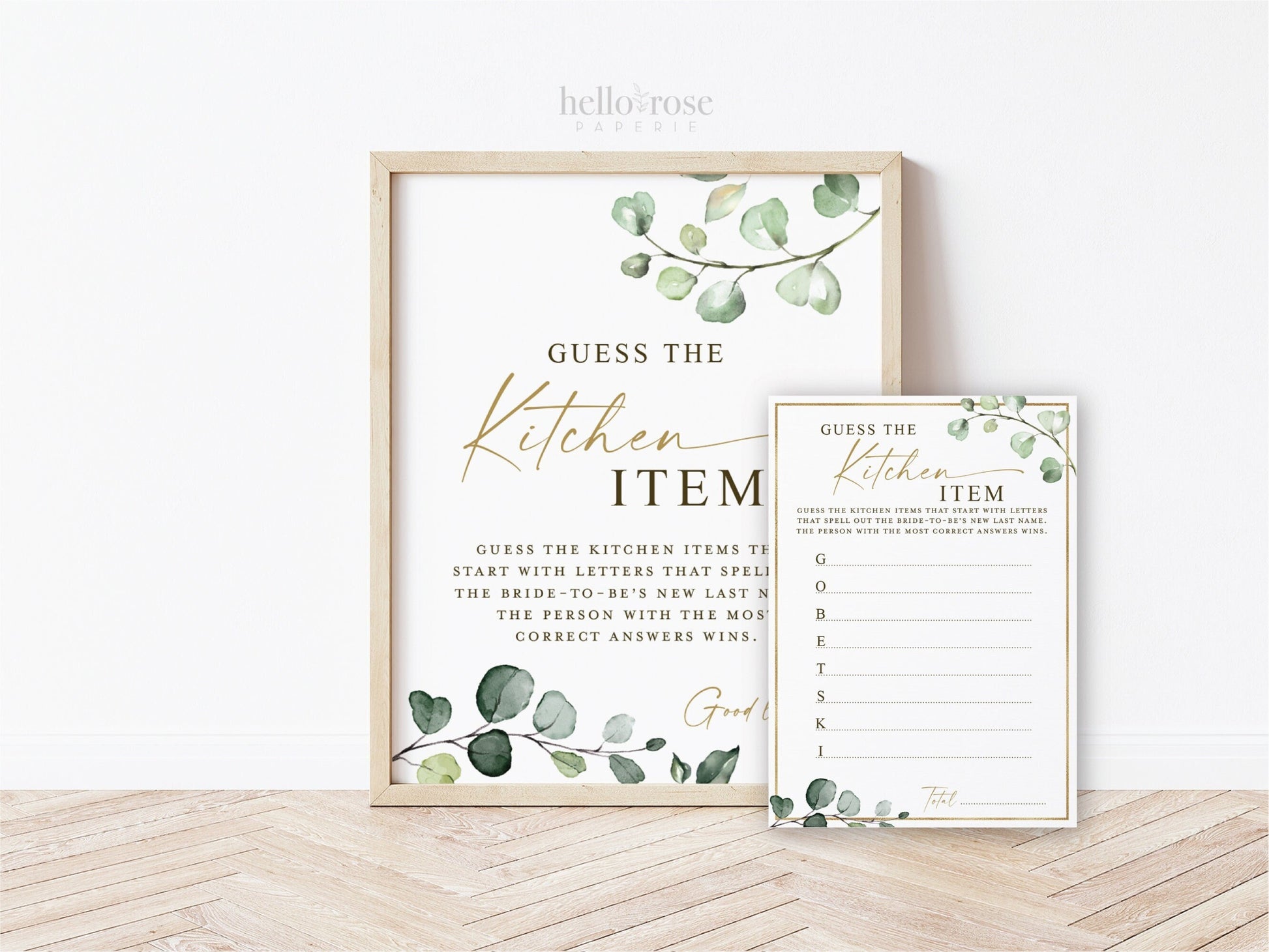 Guess the Kitchen Item Personalized Game Sign + Cards PRINTABLE . Greenery + Gold . Bridal Shower Bachelorette Party . Digital Download G2