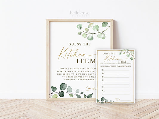 Guess the Kitchen Item Personalized Game Sign + Cards PRINTABLE . Greenery + Gold . Bridal Shower Bachelorette Party . Digital Download G2