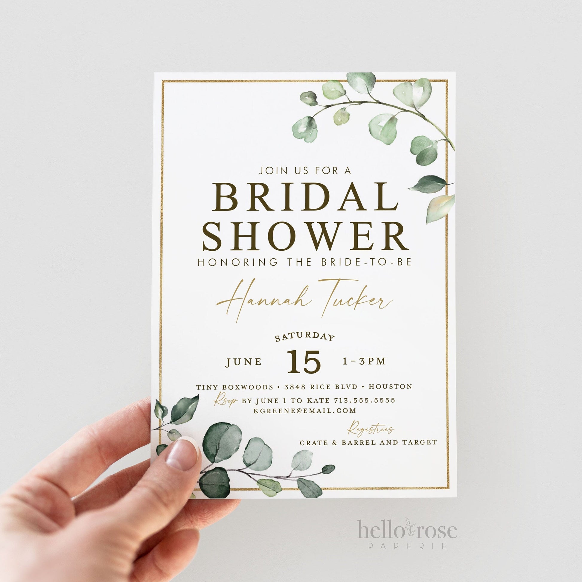Bridal Shower Printable Invitation . Greenery and Gold . Rustic Boho Eucalyptus . Bachelorette Hens Party . Digital Download PDF . G2