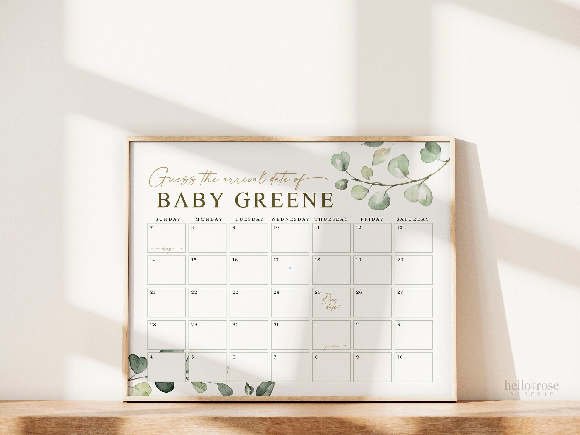 Baby Due Date Calendar Printable Game . Guess the Arrival / Baby's Due Date Custom Baby Shower Game . Greenery Eucalyptus . PDF Download G2