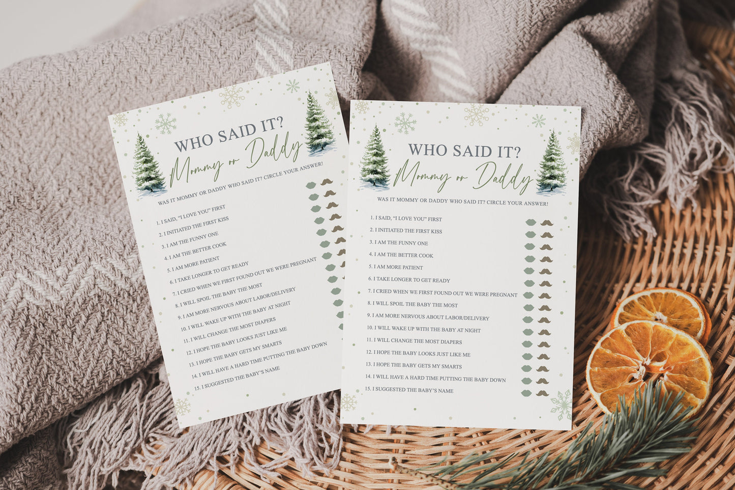 Who Said it Mommy or Daddy Winter Snowflakes with Trees Baby Shower Printable Game . Editable Template . Instant Download Templett