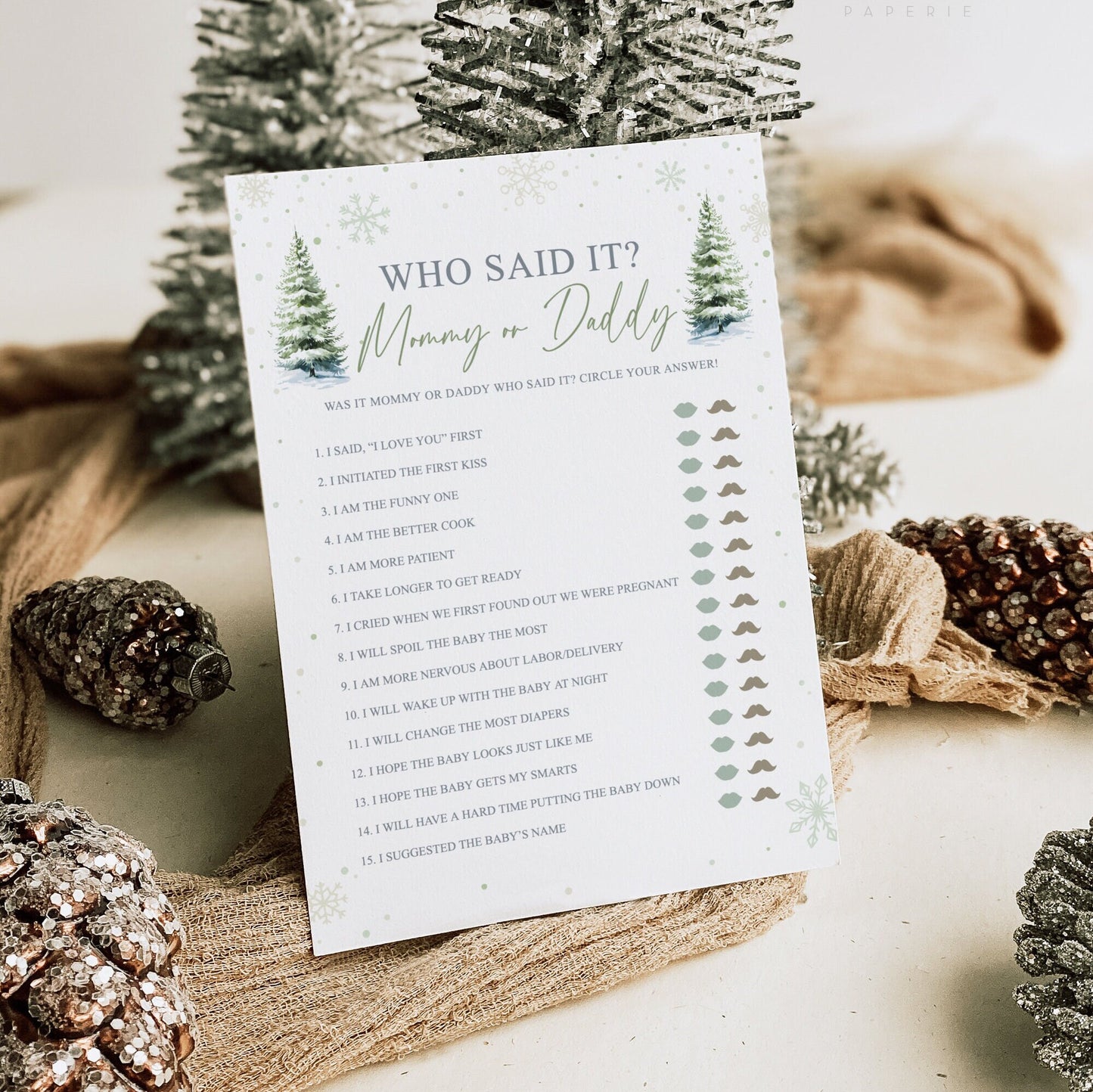 Who Said it Mommy or Daddy Winter Snowflakes with Trees Baby Shower Printable Game . Editable Template . Instant Download Templett