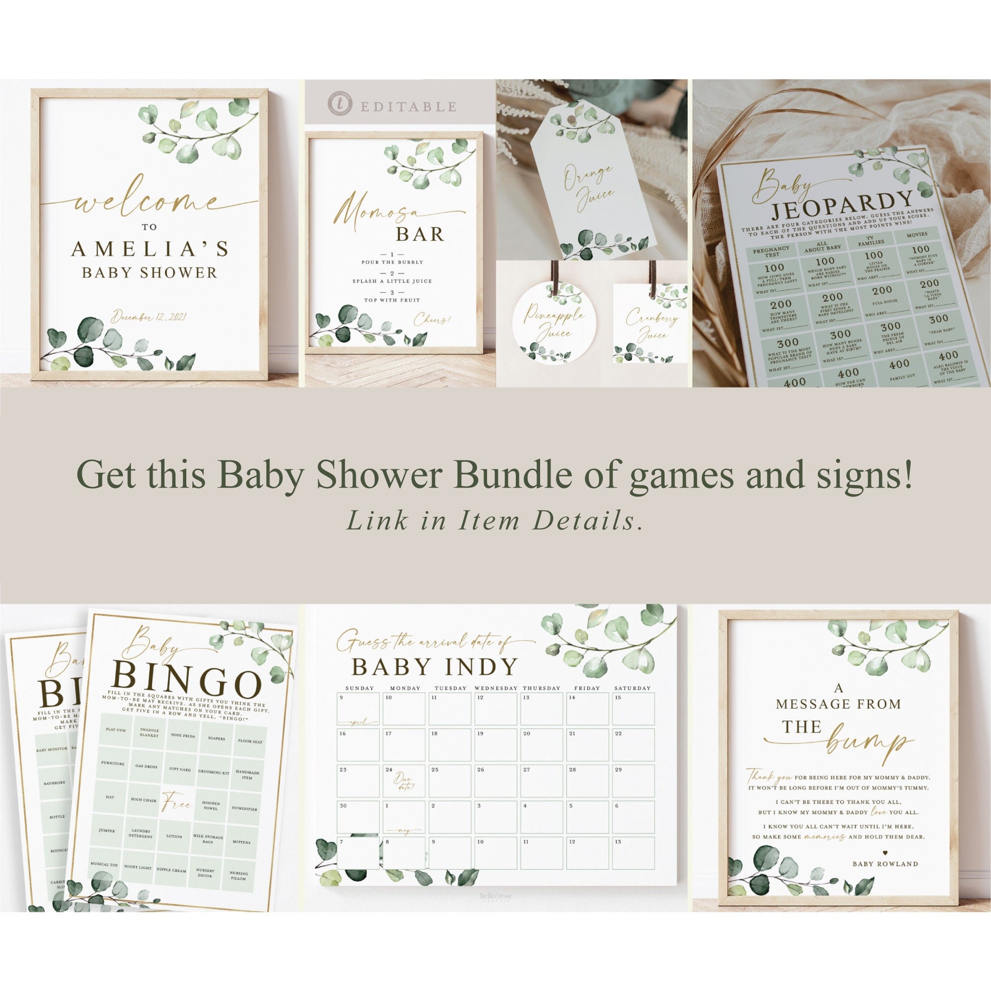 Baby Shower Printable Invitation . Girl or Boy . Greenery and Gold . Boho . Eucalyptus . Digital Download PDF or JPEG . G2
