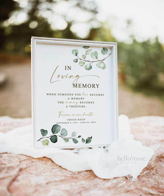 In Loving Memory Personalized Sign . Memorial Wedding Photo Table Sign . Greenery Gold . Printable Poster . PDF Printable Download G2