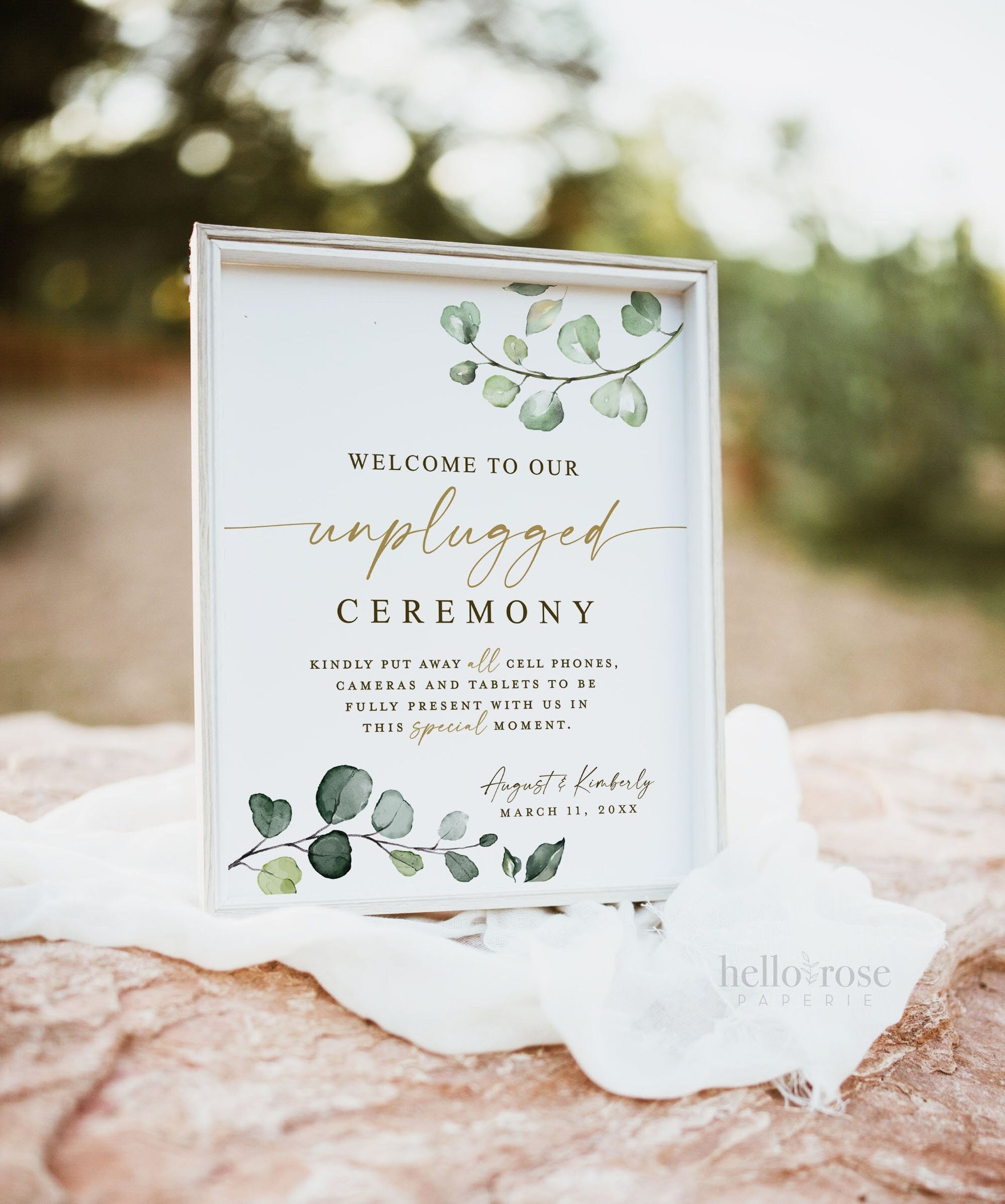 Welcome to Our Unplugged Ceremony . Personalized Wedding Printable Sign . Put Away Phones . Greenery + Gold . Digital Download PDF JPEG . G2