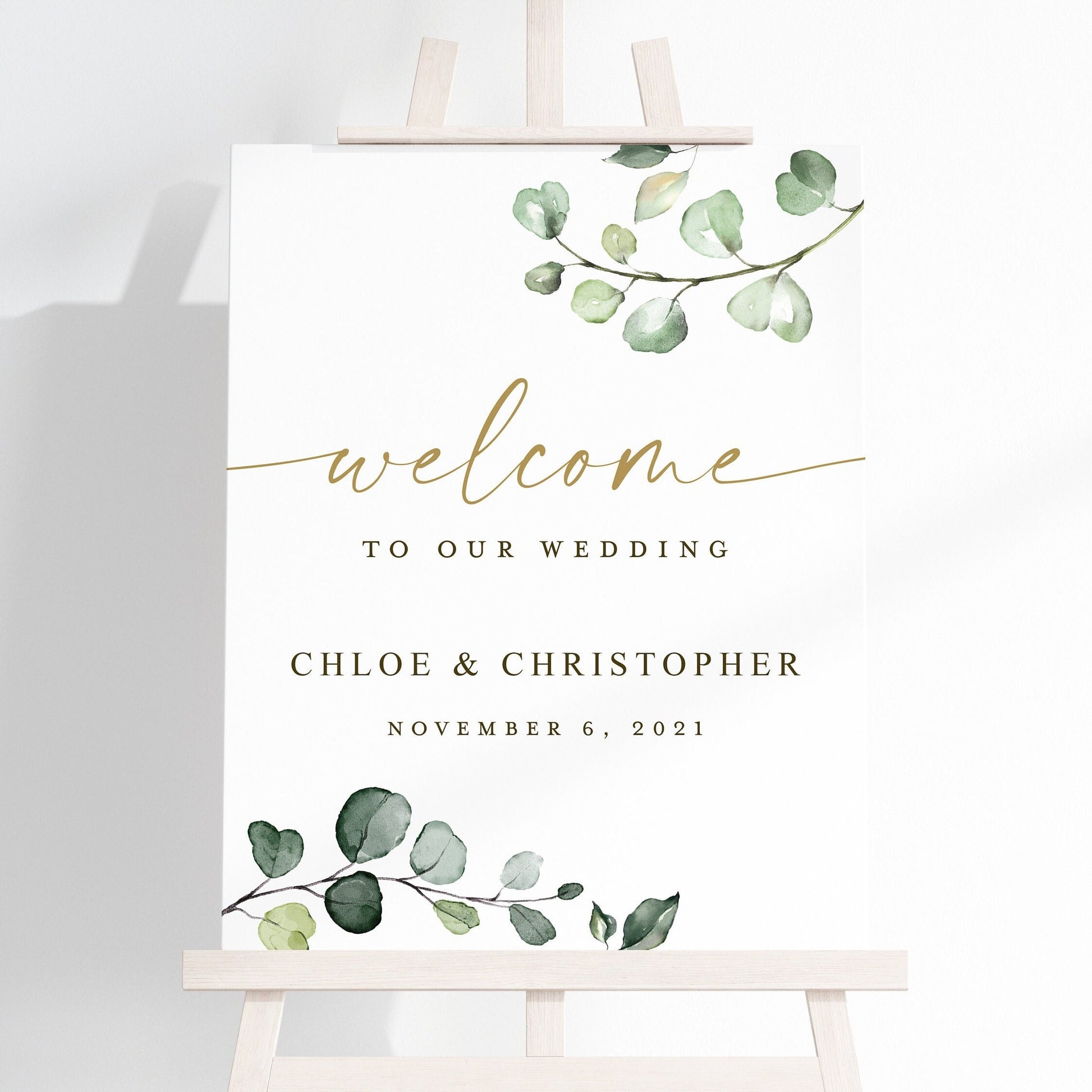 Wedding Welcome Sign . Personalized Welcome to Our Wedding Printable Poster Sign . Greenery and Gold Eucalyptus . Digital Download G2