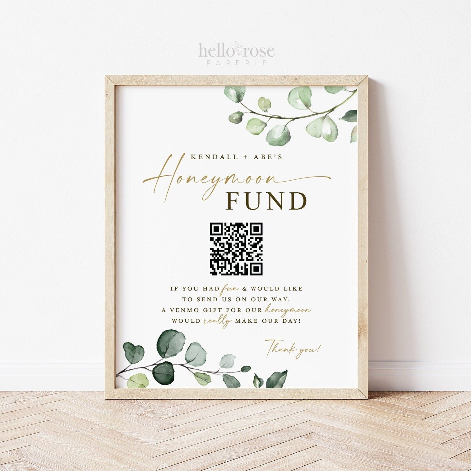Honeymoon Fund QR Code Wedding Sign . Venmo Wedding Honeymoon Cash Gift Sign . Greenery and Gold . Personalized Printable Download . G2