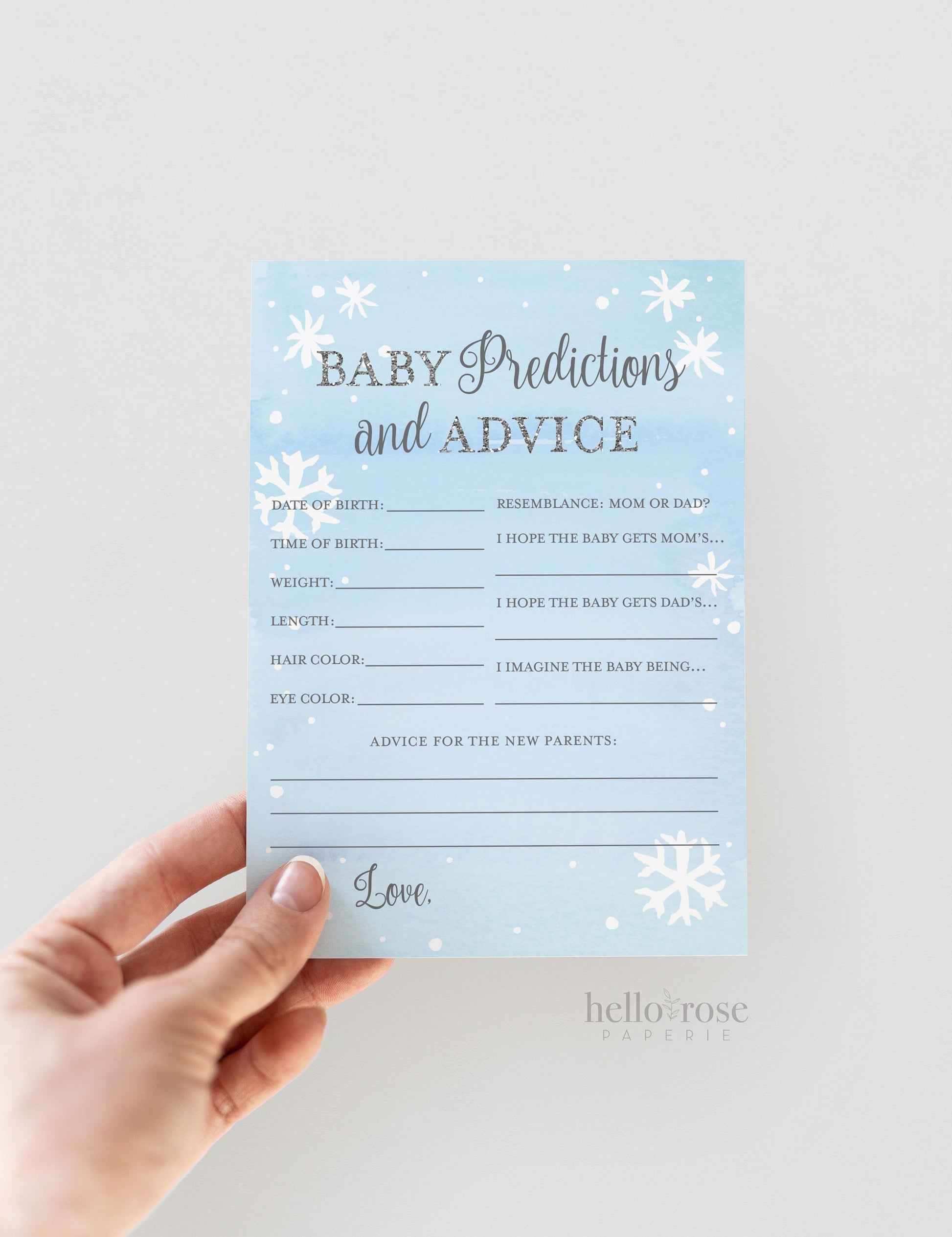Baby Predictions and Advice Card . Boy Baby Shower Game . Baby It's Cold Outside . Snowflakes Blue and Silver . Printable Instant Download