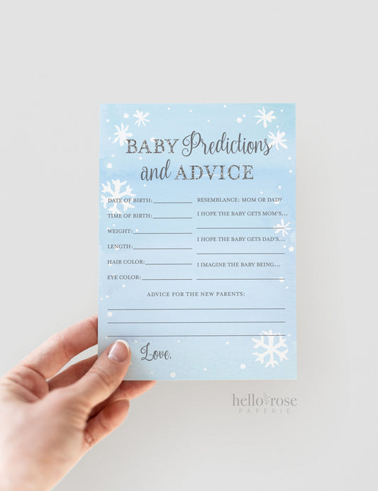 Baby Predictions and Advice Card . Boy Baby Shower Game . Baby It's Cold Outside . Snowflakes Blue and Silver . Printable Instant Download