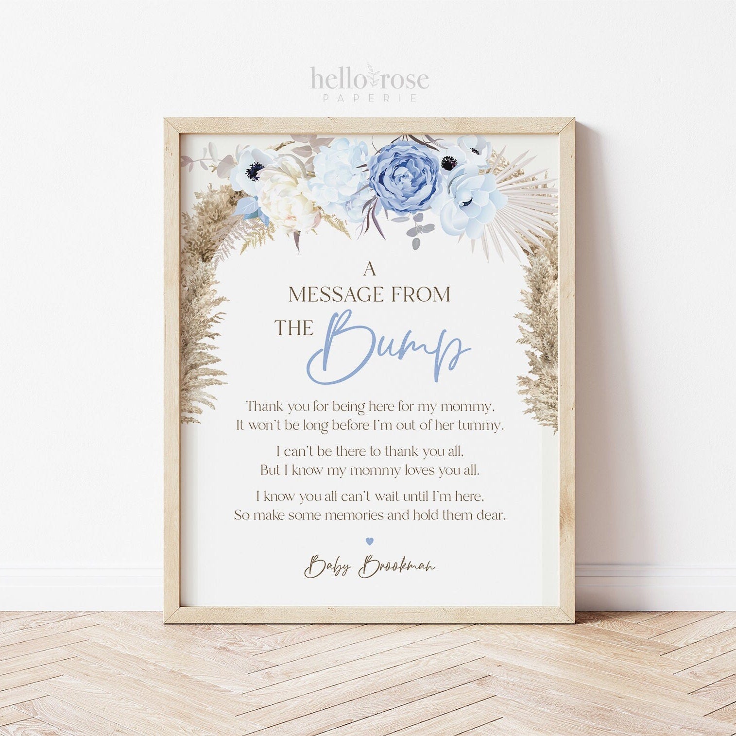 A Message From the Bump PRINTABLE Personalized Sign . Boy Baby Shower . Message From Baby . Blue Pampas Grass Floral . DIGITAL DOWNLOAD