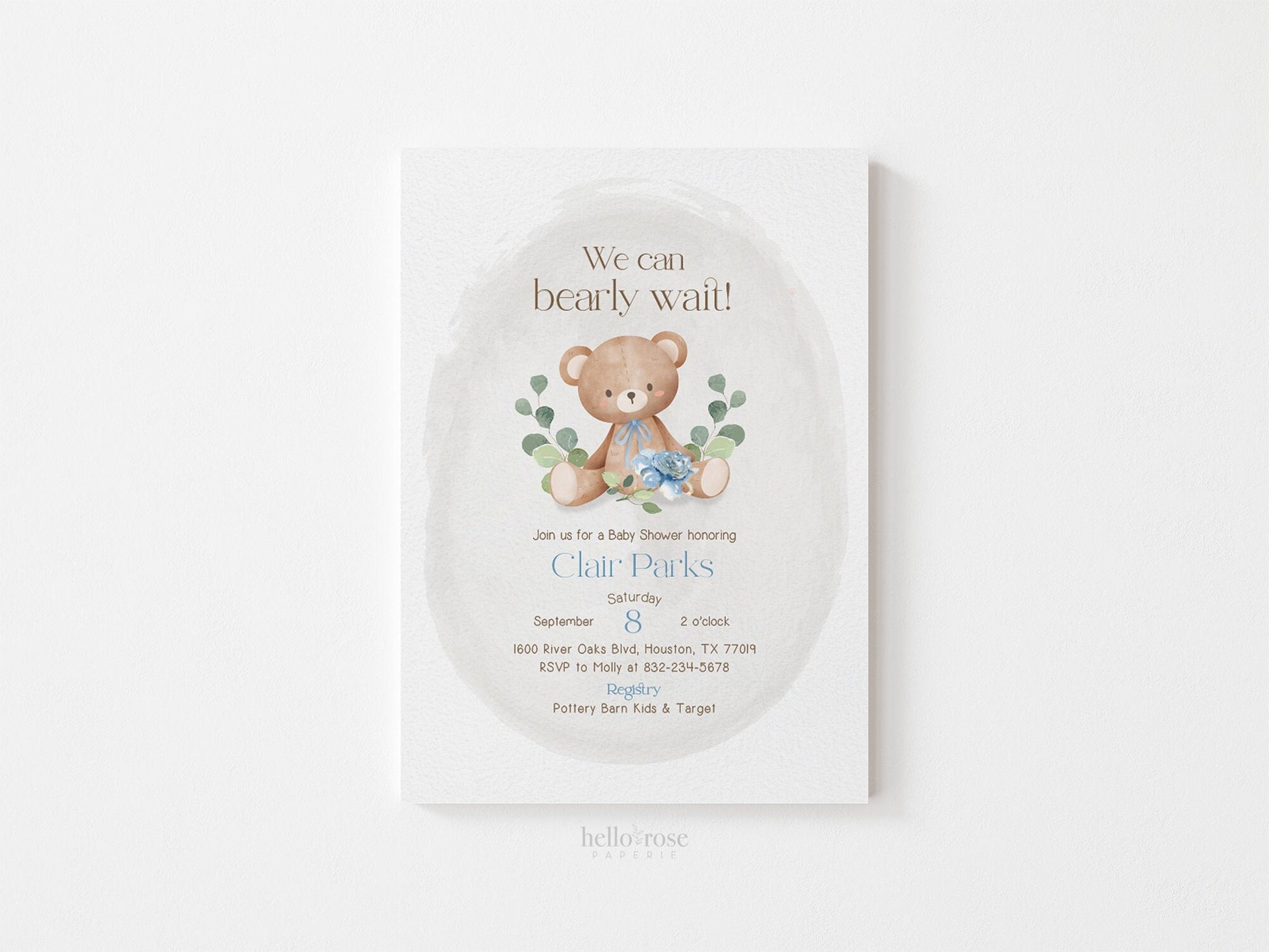 We Can Bearly Wait Baby Shower Printable Invitation . Teddy Bear Boy Baby Shower . Greenery and Floral Watercolor . Digital Download