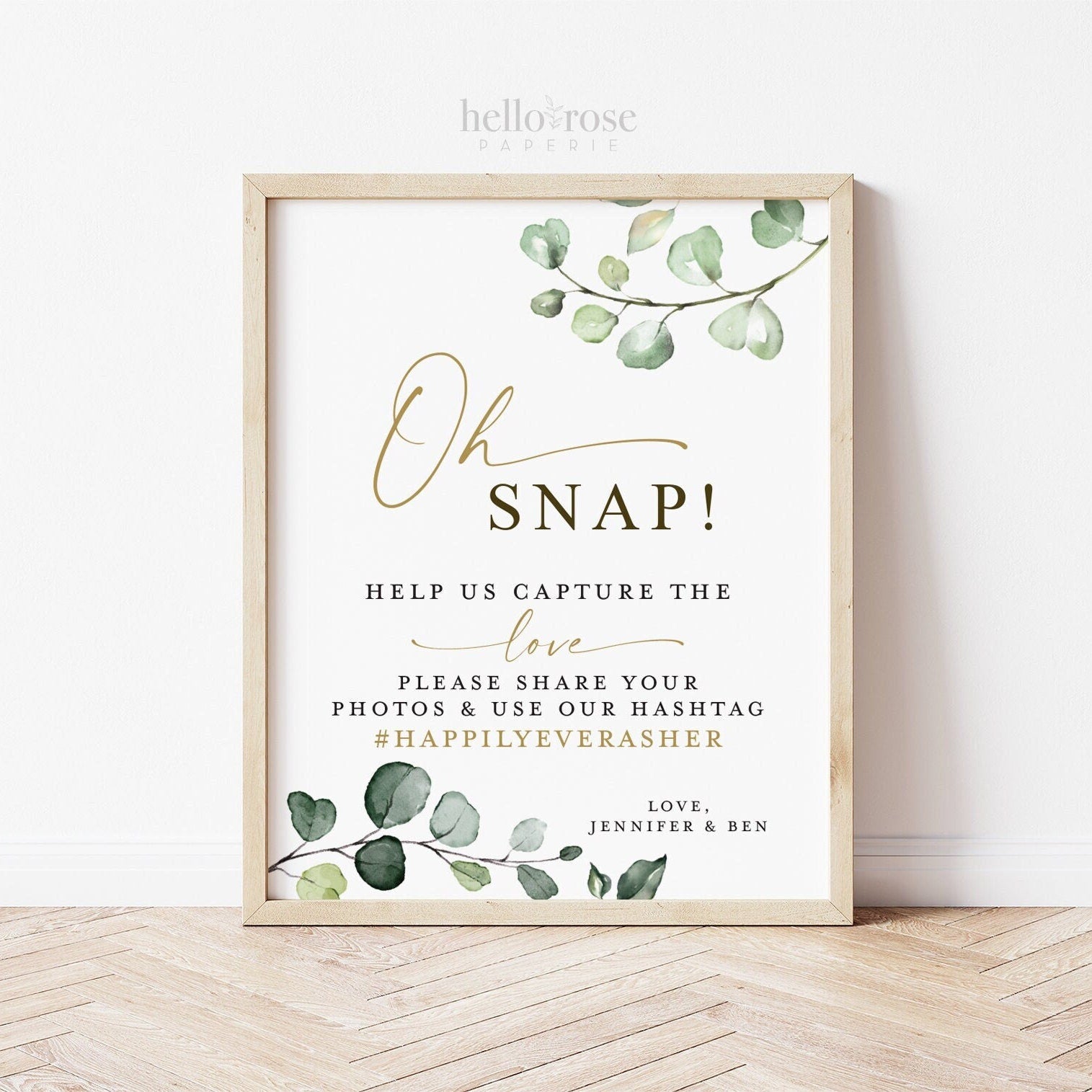 Oh Snap Personalized Capture the Love Hashtag Printable Sign . Wedding Bridal Shower . Greenery + Gold . Poster . Digital Download G2