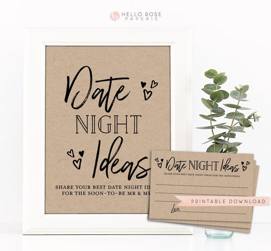 Date Night Ideas Printable Sign + Cards . Bridal Shower . Hen Do Bachelorette Party . Date Night Ideas for Mr and Mrs . Instant Download