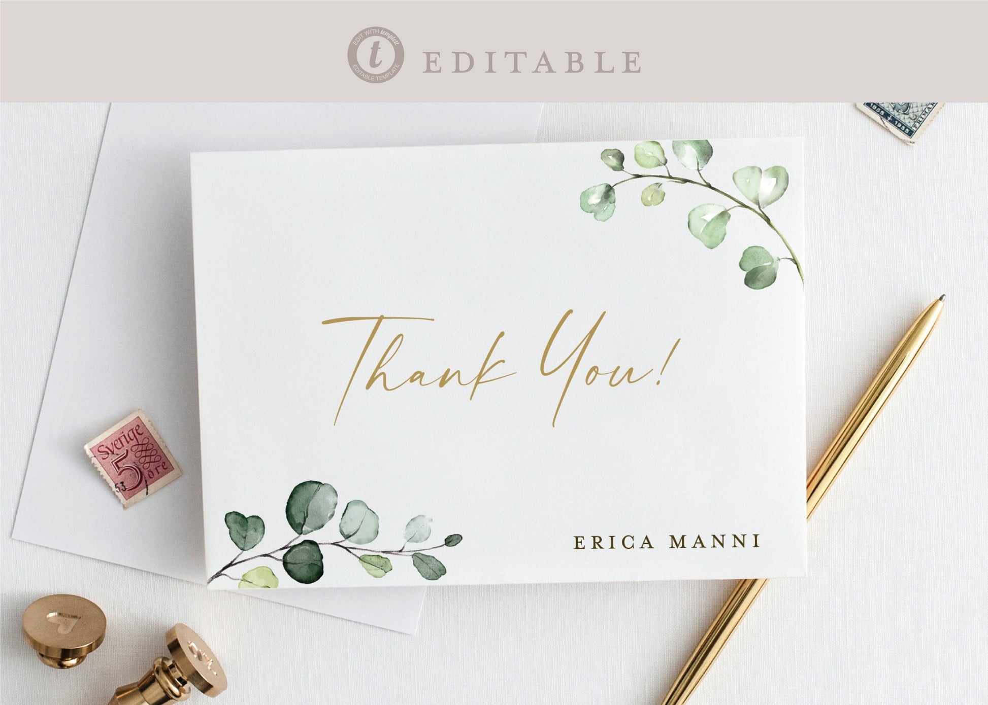 Thank You Card Template for Wedding Bridal Baby Shower Small Business . Greenery Gold . PRINTABLE Editable Templett Instant Download . G2-T