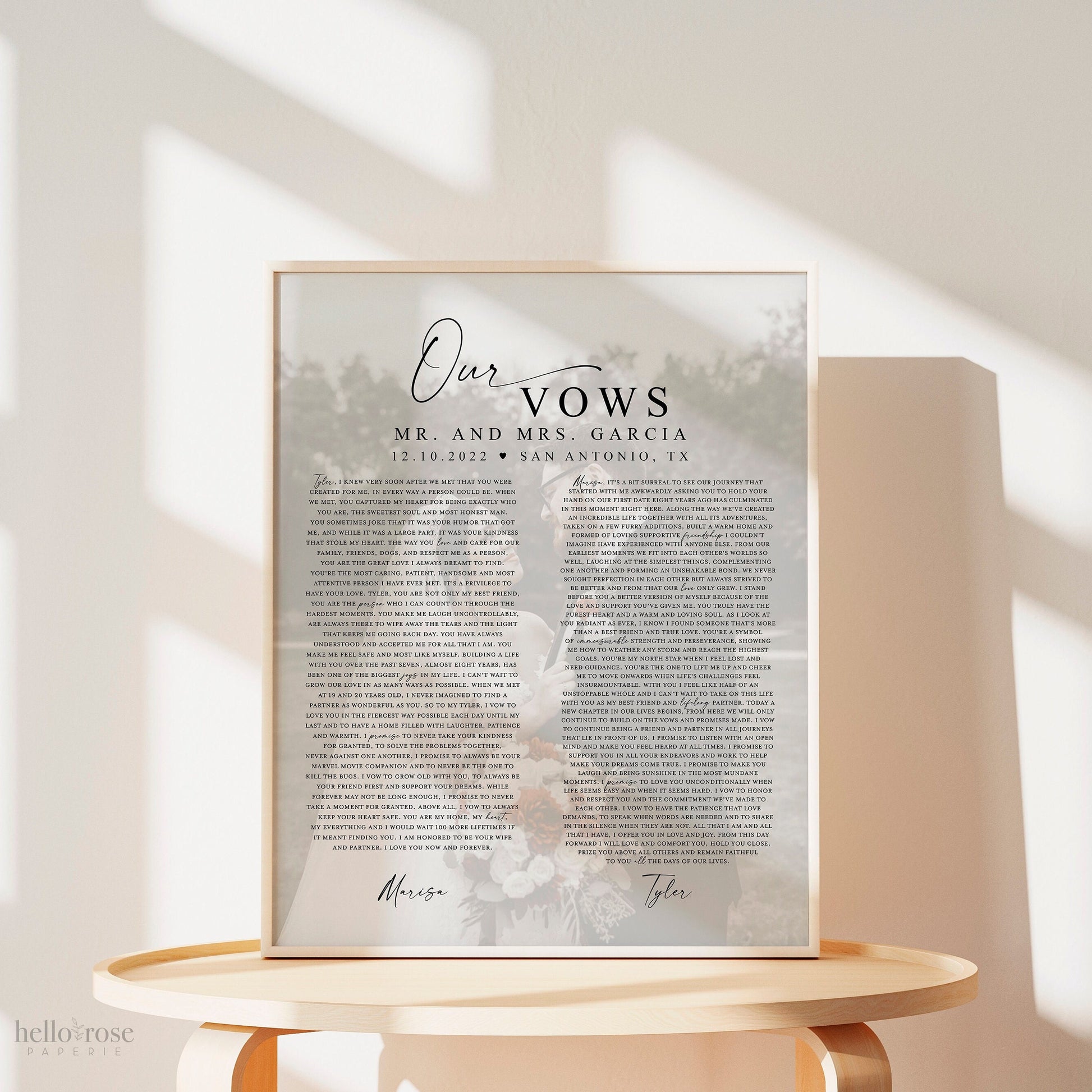 Personalized Wedding Vows Printable Gift Print with Photo . First Paper Wedding Anniversary Gift for Him Her . Wall Art Digital Download