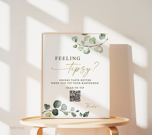 Feeling Tipsy Wedding Bar Sign with QR Code . Tip Your Bartender . Venmo Scan to Pay Sign . Greenery and Gold . Printable Download . G2