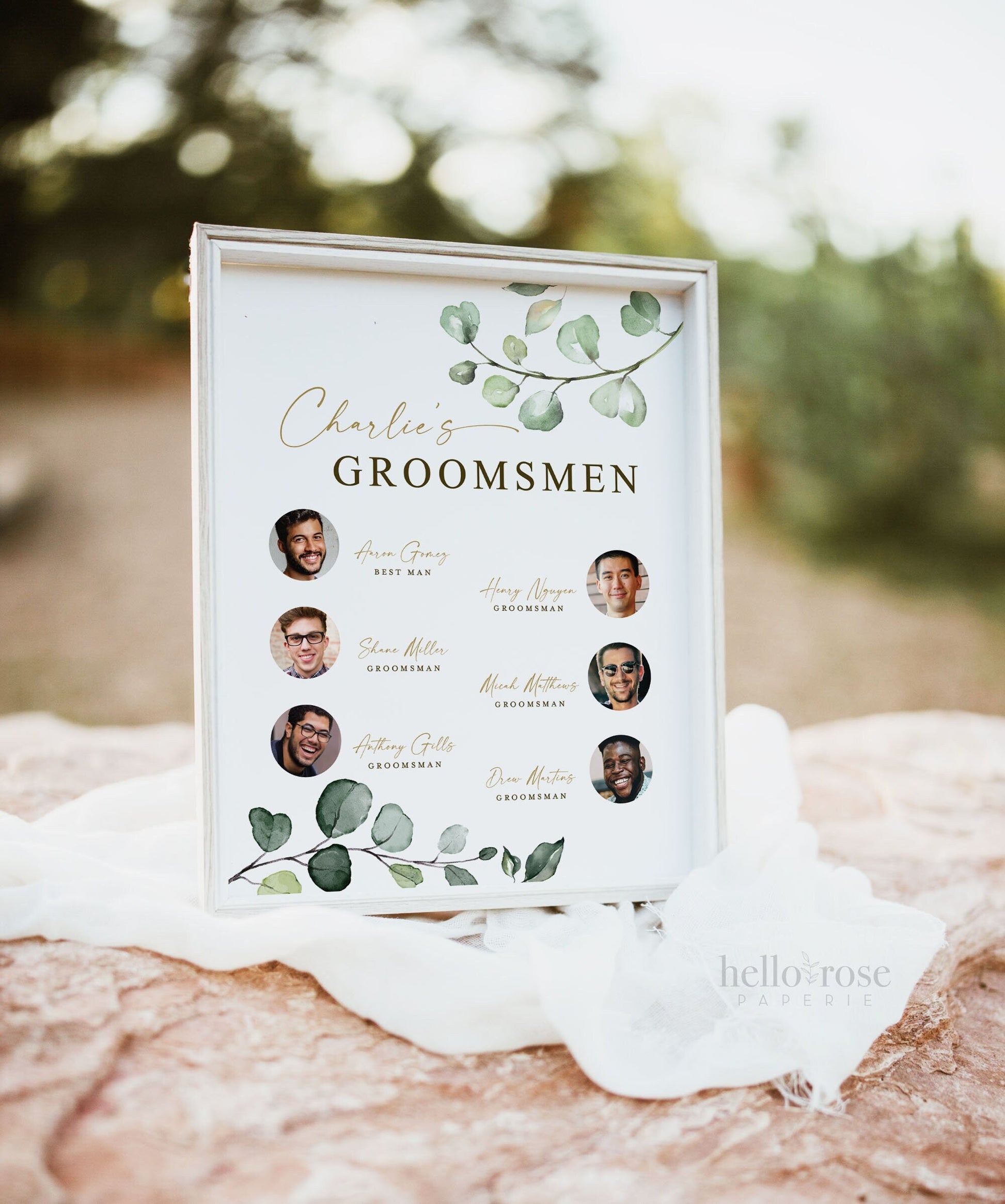 Meet the Groomsmen Printable Sign . Meet the Men Wedding Party Poster . Greenery and Gold . Wedding Reception Decor . Digital Download