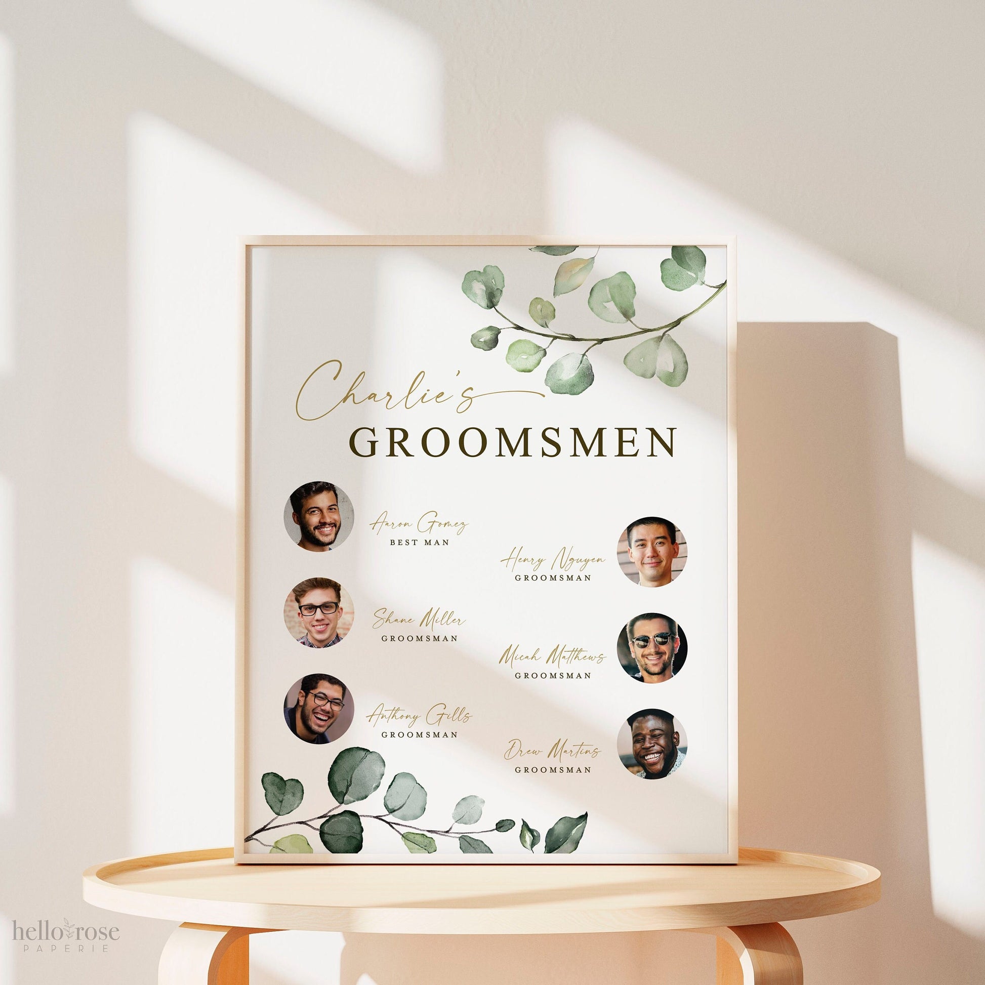 Meet the Groomsmen Printable Sign . Meet the Men Wedding Party Poster . Greenery and Gold . Wedding Reception Decor . Digital Download