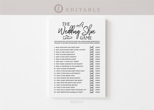 The Wedding Shoe Game . Wedding Bridal Shower Engagement Party Rehearsal Dinner . Kraft . PRINTABLE Editable Template Download Templett
