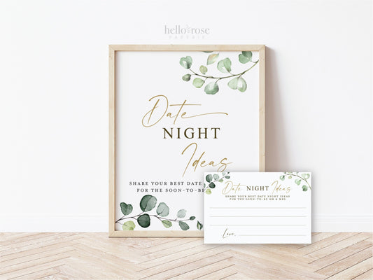 Date Night Ideas Cards and Sign Printable . Date Box or Jar . Greenery + Gold . Bridal Shower Bachelorette Hens Party . Instant Download G2