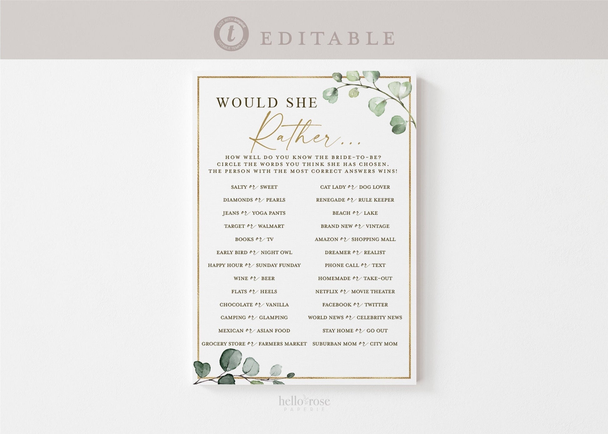 Would She Rather Bridal Shower Bachelorette Hens Game . Greenery + Gold . PRINTABLE Editable Template Instant Download Templett G2-T