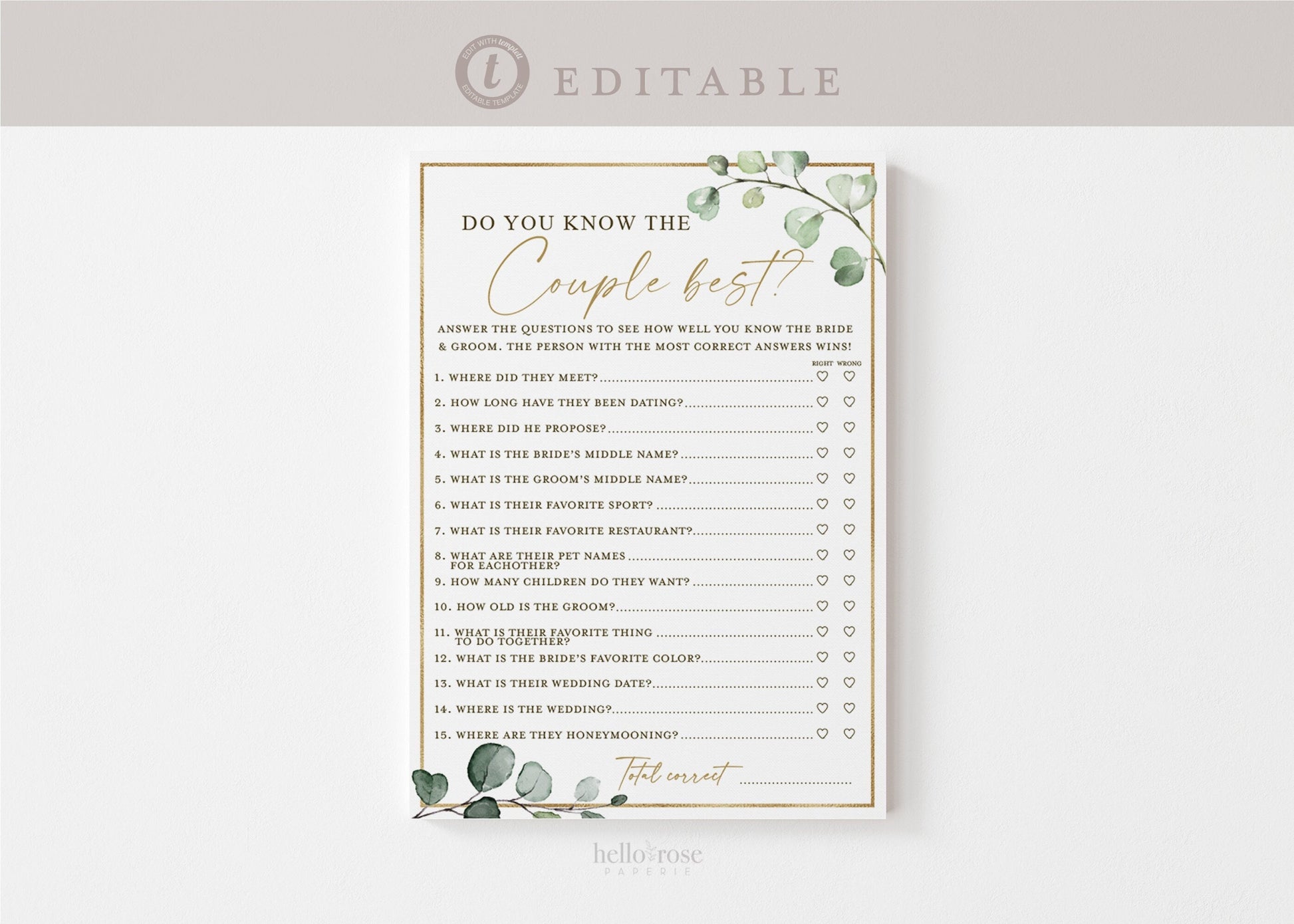 Do You Know the Couple Best Bridal Shower Bachelorette Game . Greenery + Gold . PRINTABLE Editable Template Instant Download Templett G2-T