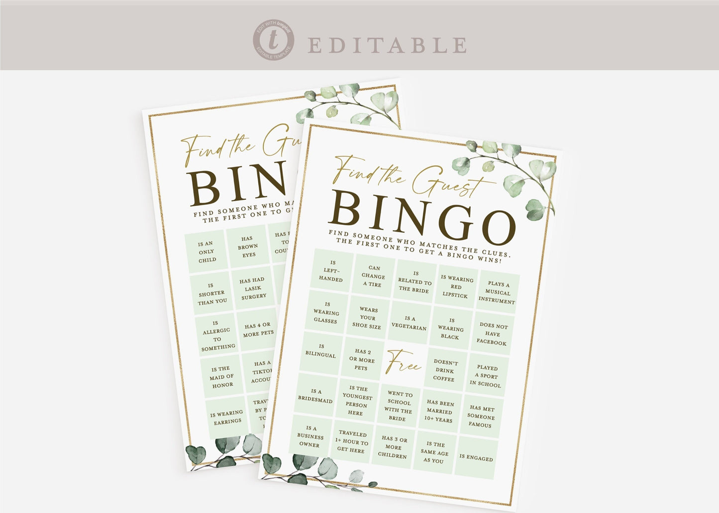Find the Guest Bingo Pre Filled Unique Game Cards . Bridal Shower . Greenery Gold PRINTABLE Editable Template Instant Download Templett G2-T