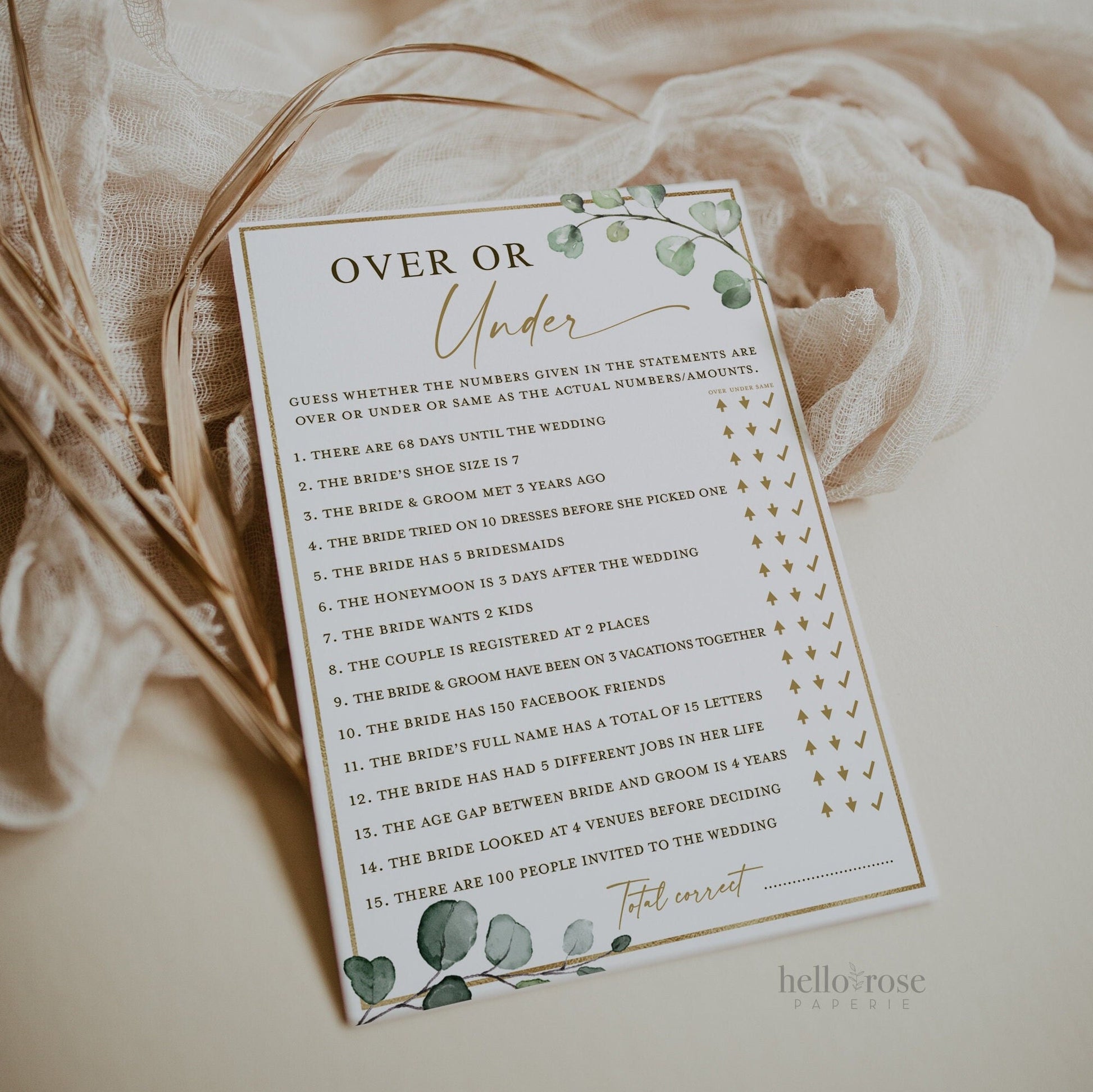 Over or Under Bridal Shower Hens Bachelorette Game . Greenery + Gold . PRINTABLE Editable Template Instant Download Templett G2-T