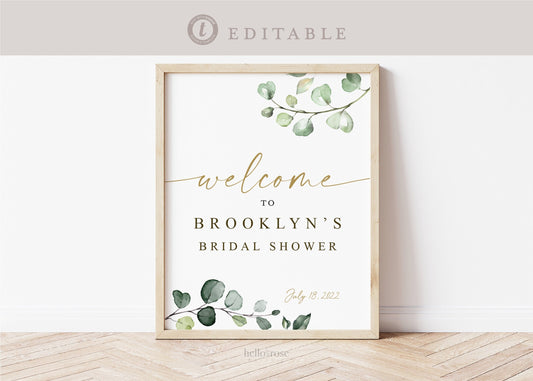 Bridal Shower Welcome Sign Template . Greenery + Gold Eucalyptus . PRINTABLE Editable Welcome Poster . Instant Download Templett PENNY