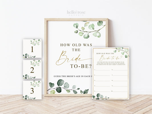 How Old Was the Bride to Be Game Age Guess Cards + Sign Printable . Greenery + Gold . Bridal Shower Bachelorette Party . Instant Download G2