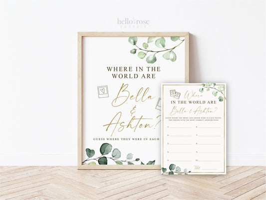Personalized Where in the World Were They Game Cards + Sign Printable . Greenery + Gold . Bridal Shower Bachelorette . Digital Download G2