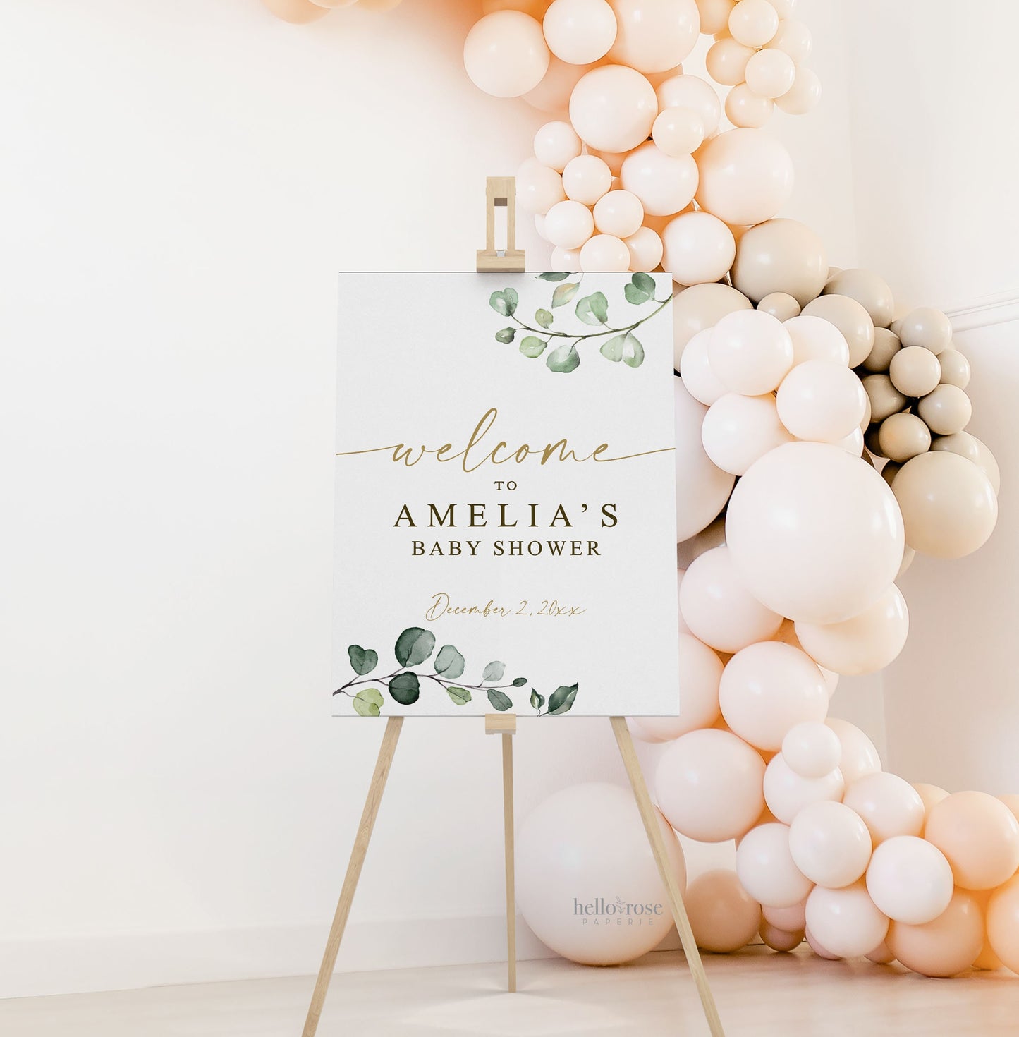Baby Shower Welcome Sign Personalized . PRINTABLE Poster Decor Greenery and Gold . Digital Download G2