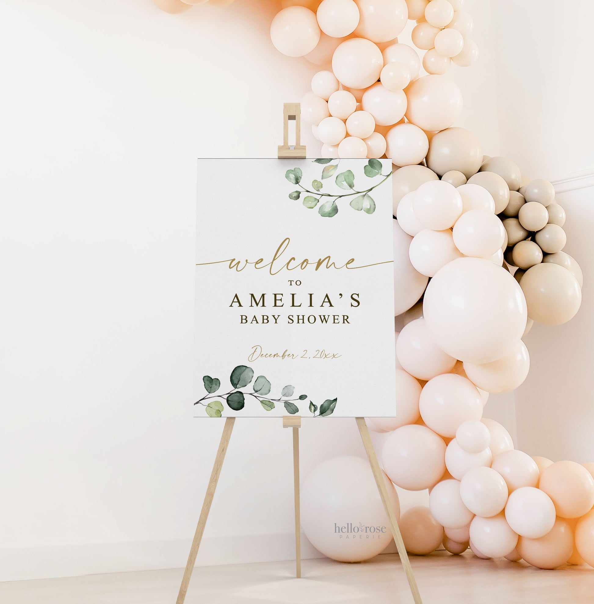 Baby Shower Welcome Sign Personalized . PRINTABLE Poster Decor Greenery and Gold . Digital Download G2