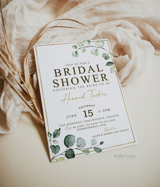 Bridal Shower Printable Invitation . Greenery and Gold . Rustic Boho Eucalyptus . Bachelorette Hens Party . Digital Download PDF . G2