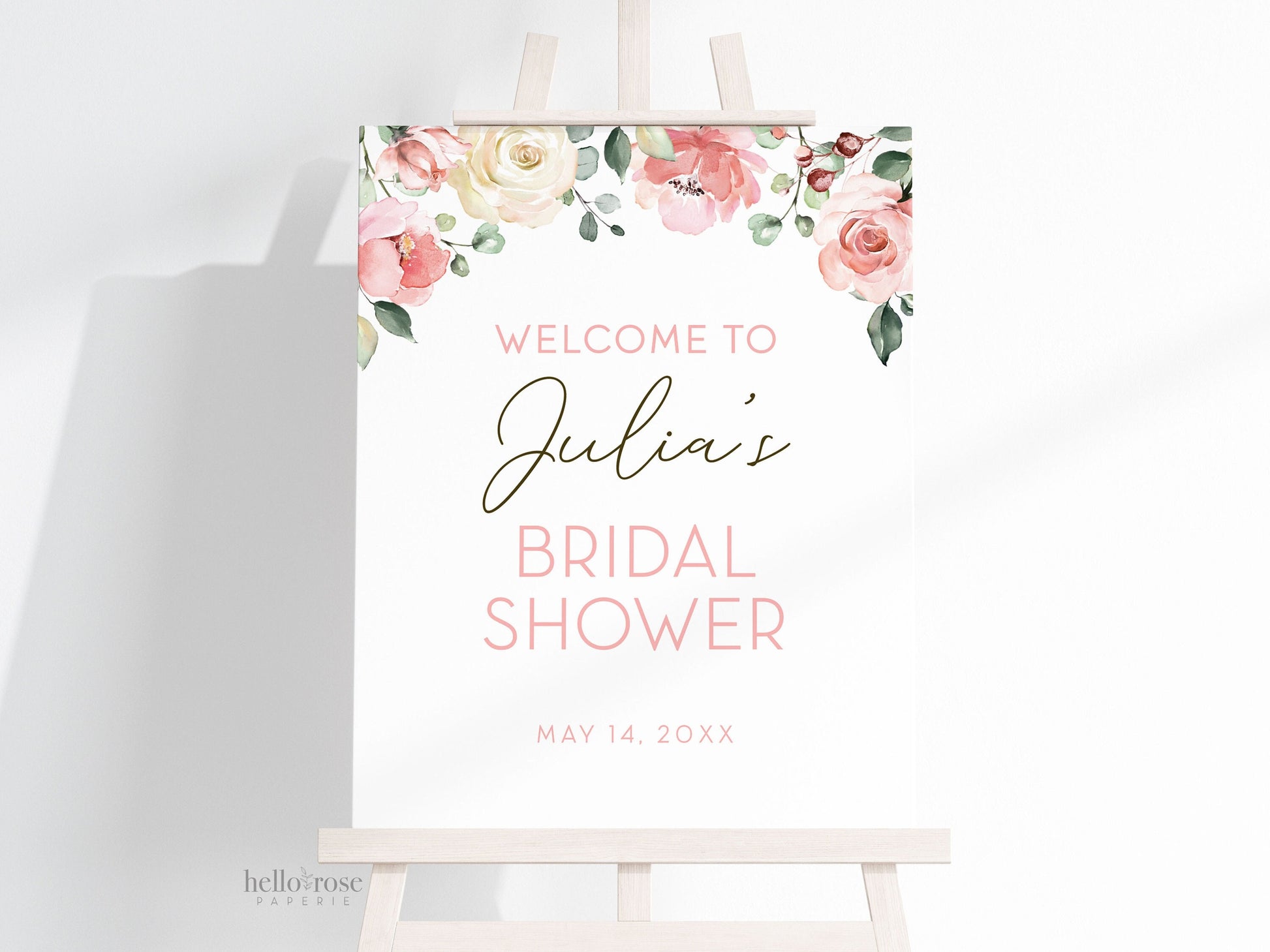 Welcome to the Bridal Shower Personalized Sign Floral . Wedding Shower . Pink White Roses Greenery Eucalyptus . Printable Digital Download