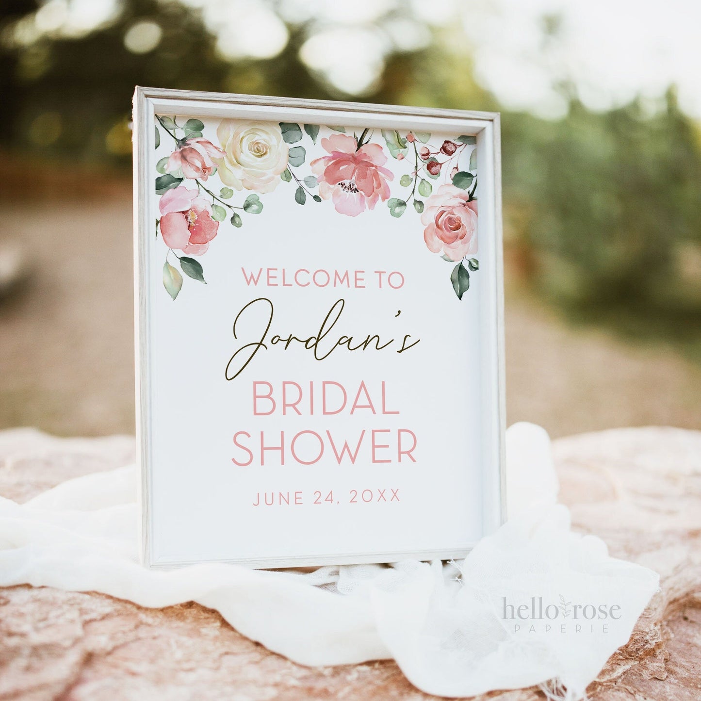Welcome to the Bridal Shower Personalized Sign Floral . Wedding Shower . Pink White Roses Greenery Eucalyptus . Printable Digital Download