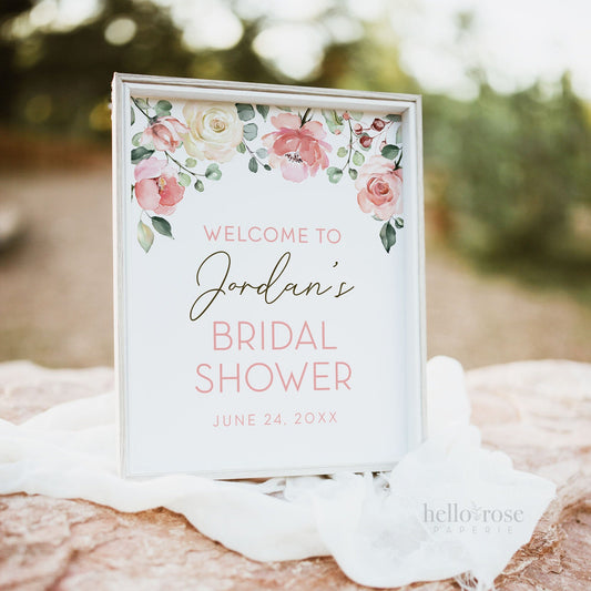 Welcome to the Bridal Shower Personalized Sign Floral . Wedding Shower . Pink White Roses Greenery Eucalyptus . Printable Digital Download