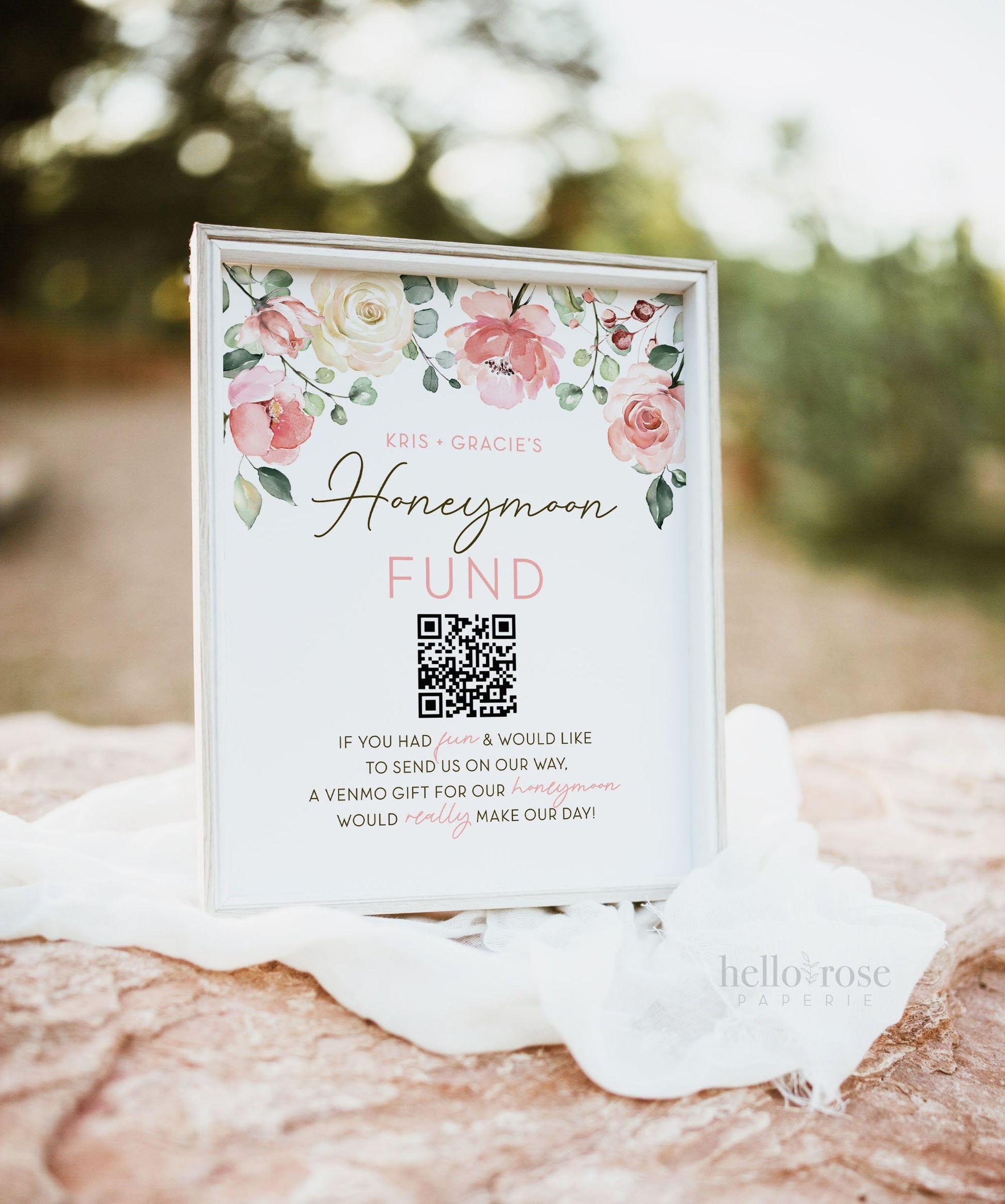 Honeymoon Fund QR Code Wedding Sign . PRINTABLE Venmo Zelle Wedding Honeymoon Cash Gift Sign . Pink Floral . Personalized Digital Download