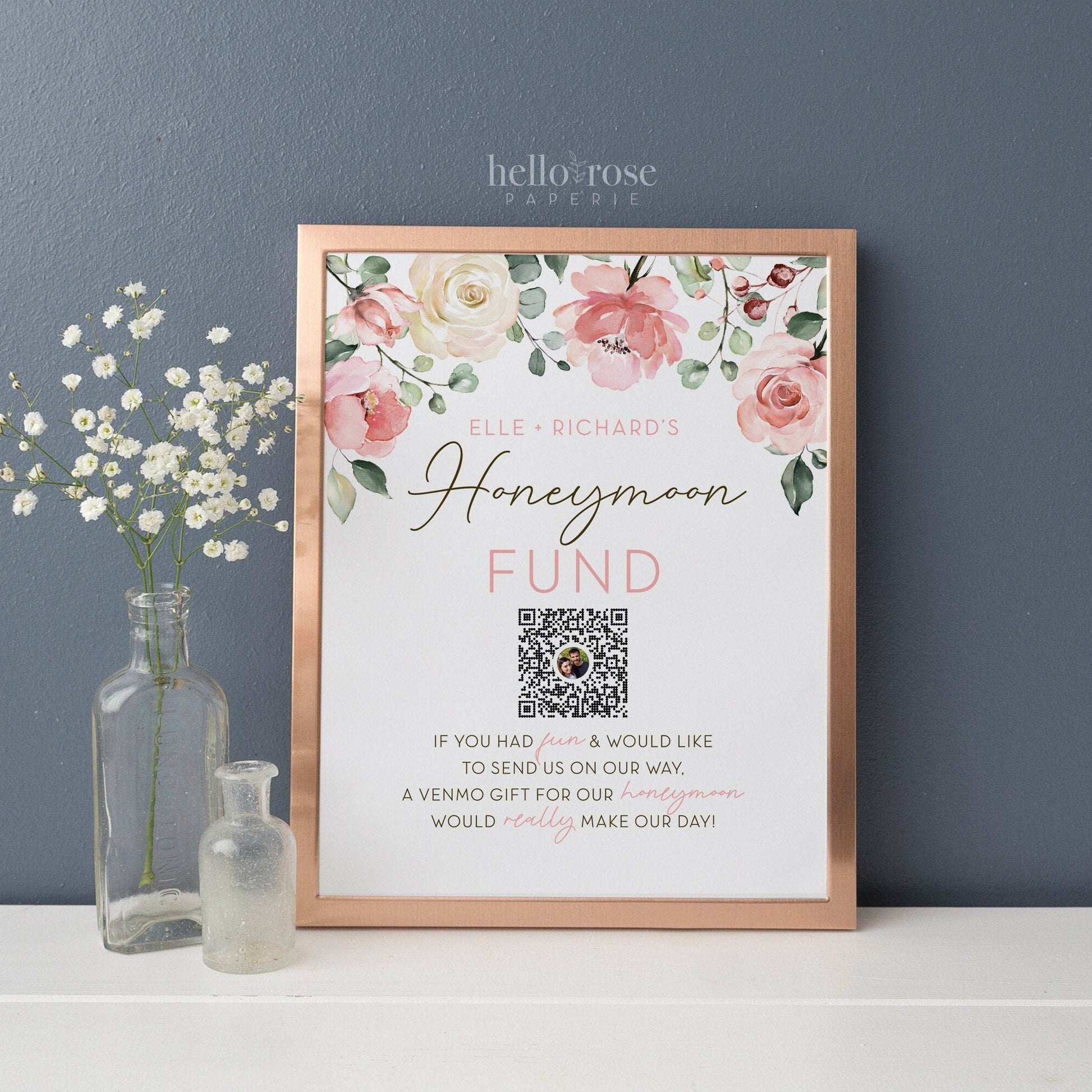 Honeymoon Fund QR Code Wedding Sign . PRINTABLE Venmo Zelle Wedding Honeymoon Cash Gift Sign . Pink Floral . Personalized Digital Download