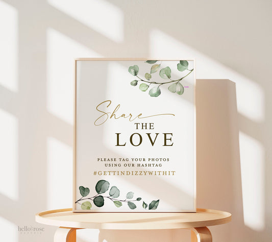 Share the Love Hashtag Personalized Printable Sign . Wedding Bridal Shower Bachelorette Hen Party . Greenery + Gold . Instant Download G2