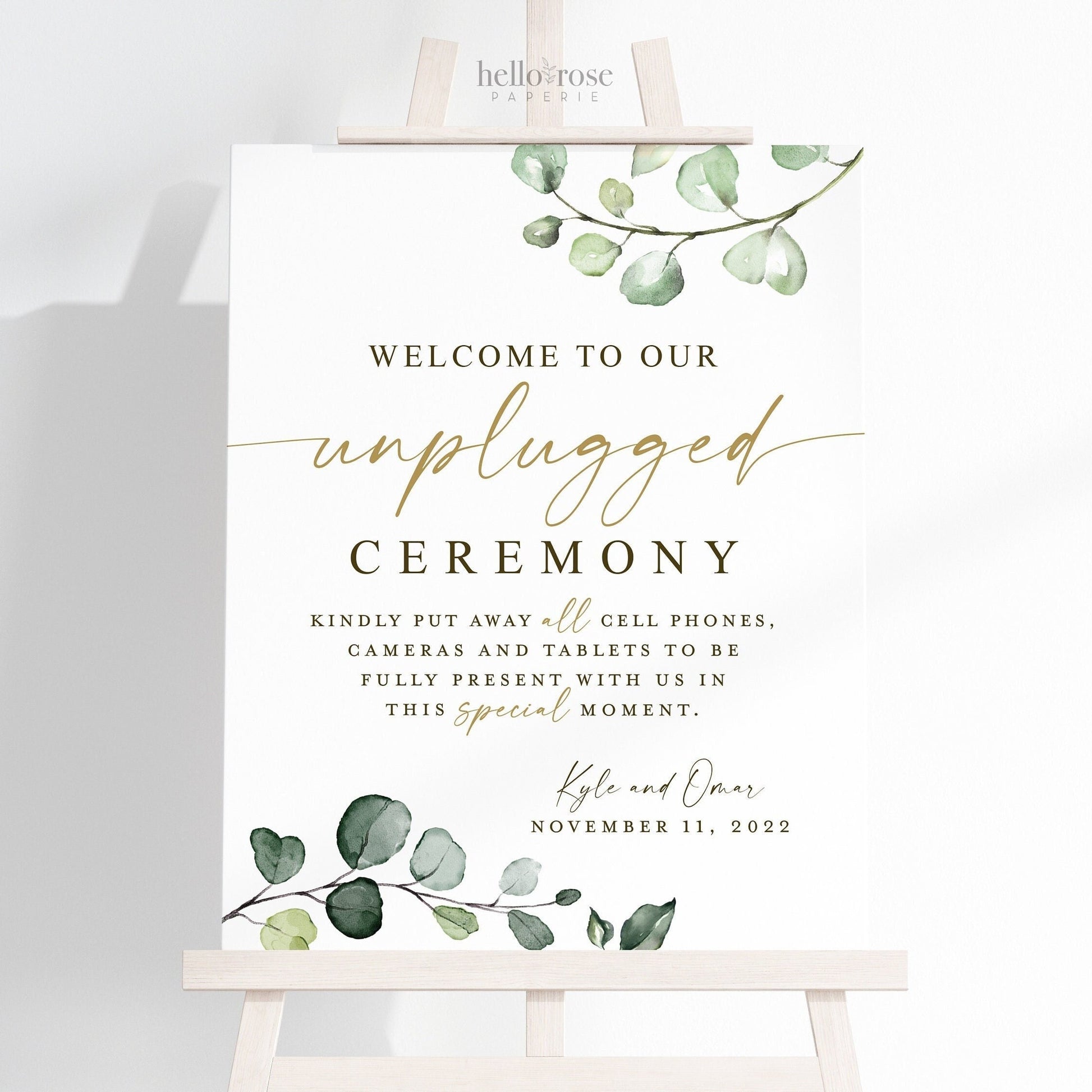 Welcome to Our Unplugged Ceremony . Personalized Wedding Printable Sign . Put Away Phones . Greenery + Gold . Digital Download PDF JPEG . G2