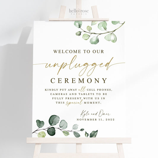 Welcome to Our Unplugged Ceremony . Personalized Wedding Printable Sign . Put Away Phones . Greenery + Gold . Digital Download PDF JPEG . G2