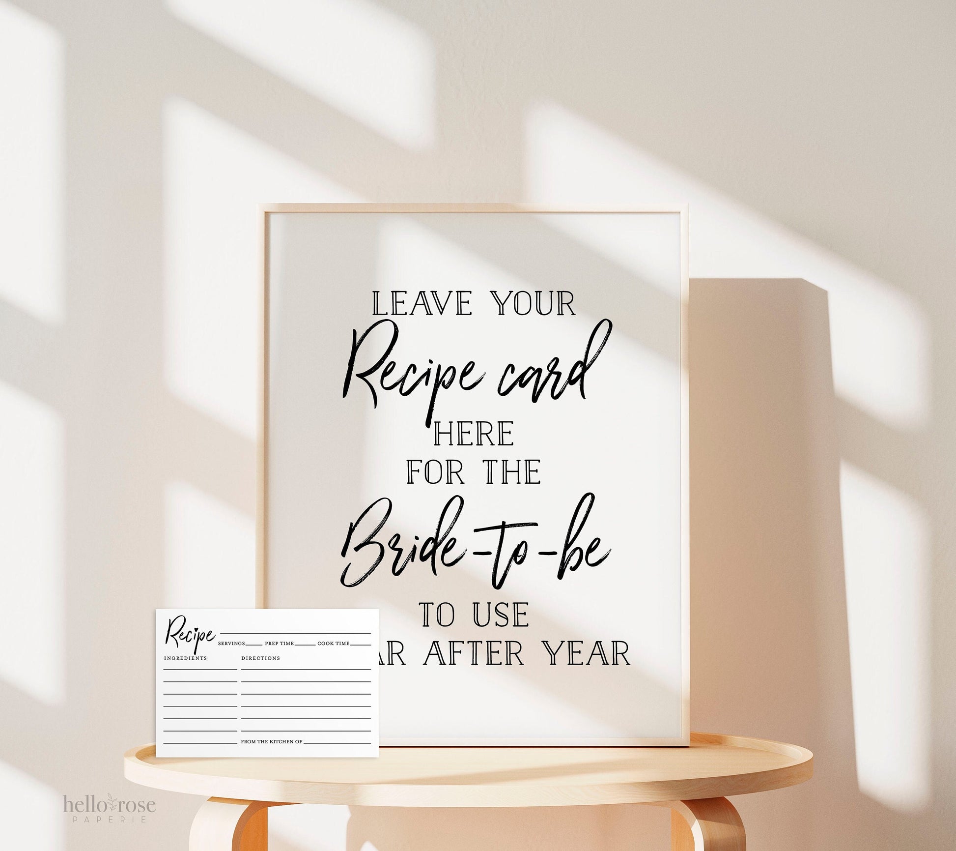 Recipe Card Sign PLUS Recipe Cards. Printable Rustic Wedding Bridal Shower Party . Kraft plus Black and White . Instant Download 8x10
