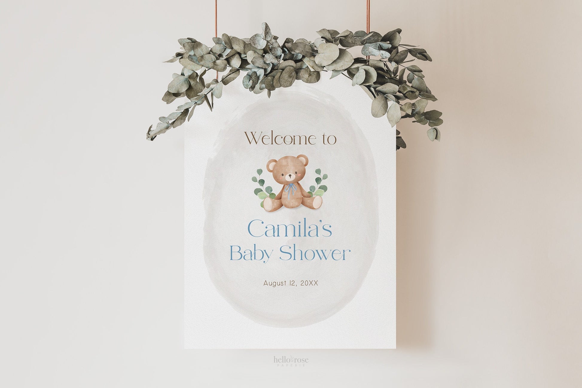 Teddy Bear Welcome Sign Poster . Printable Personalized Baby Shower Boy . Blue We Can Bearly Wait . Bear and Greenery . Digital Download