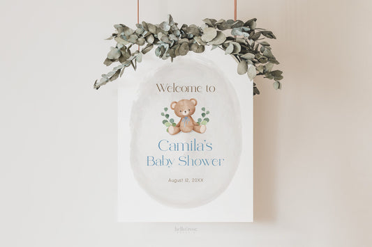 Teddy Bear Welcome Sign Poster . Printable Personalized Baby Shower Boy . Blue We Can Bearly Wait . Bear and Greenery . Digital Download