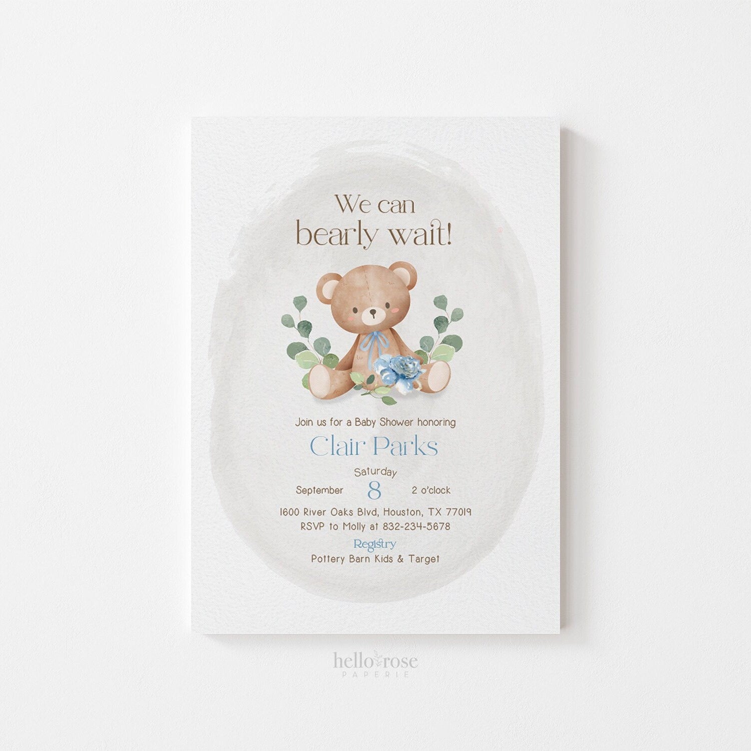 Teddy Bear Welcome Sign Poster . Printable Personalized Baby Shower Boy . Blue We Can Bearly Wait . Bear and Greenery . Digital Download